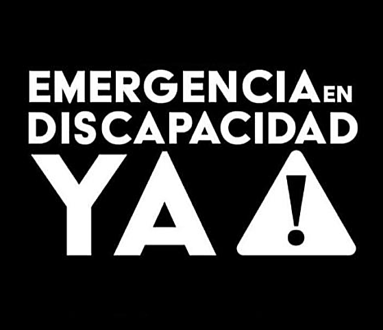 Descripción de la imagen: Fondo completamente negro. En el centro, en letras mayúsculas blancas y de gran tamaño, se lee el mensaje: “EMERGENCIA EN DISCAPACIDAD YA”. A la derecha de la palabra "YA" hay un símbolo triangular de advertencia con un signo de exclamación blanco en el centro, que refuerza la urgencia del reclamo.