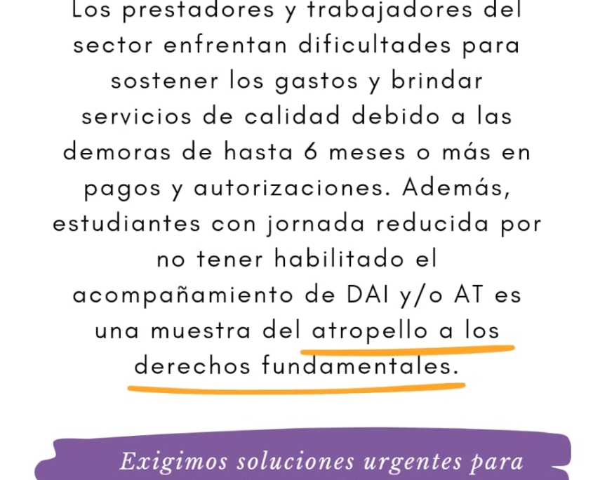 Fondo blanco con el logo de Córdoba IdEA en la parte superior. Texto negro que denuncia la situación crítica del sector de discapacidad: demoras de hasta 6 meses en pagos, estudiantes sin jornada completa por falta de apoyos habilitados (DAI/AT), y la afectación directa a derechos fundamentales. Destacados en naranja frases como: “atropello a los derechos fundamentales”. En la parte inferior, sobre un fondo violeta irregular, se lee: “Exigimos soluciones urgentes para garantizar la atención y el acceso a los servicios para las personas con discapacidad, familias y prestadores.” Y debajo: @cordobaidea