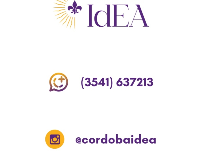 Fondo blanco. En el centro, el logo de Córdoba IdEA, con la flor de lis púrpura sobre un sol dorado a la izquierda, y el nombre "Córdoba IdEA" en letras violetas y doradas. Debajo, aparecen los datos de contacto: Ícono de WhatsApp + número: (3541) 637213 Ícono de Instagram: @cordobaidea Dirección web: www.cordobaidea.com
